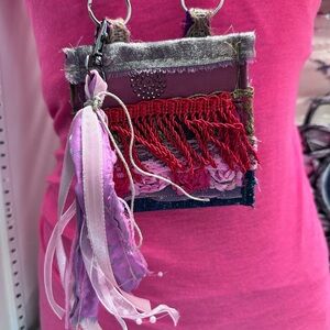 Collage Handmade Fabric Wallet Necklace Purse Bag Tassel Fringe Pouch Signed